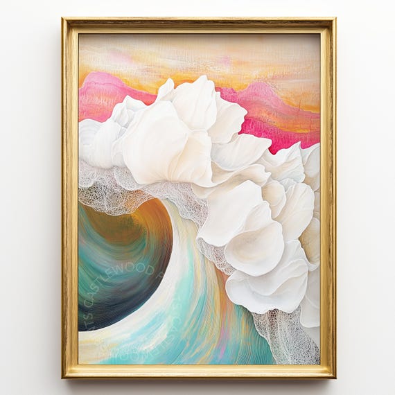 Abstract Ocean Wave With Floral Accents Colorful Modern Art Print Wall Decor Vibrant Pastel Coastal Artwork For Home 465