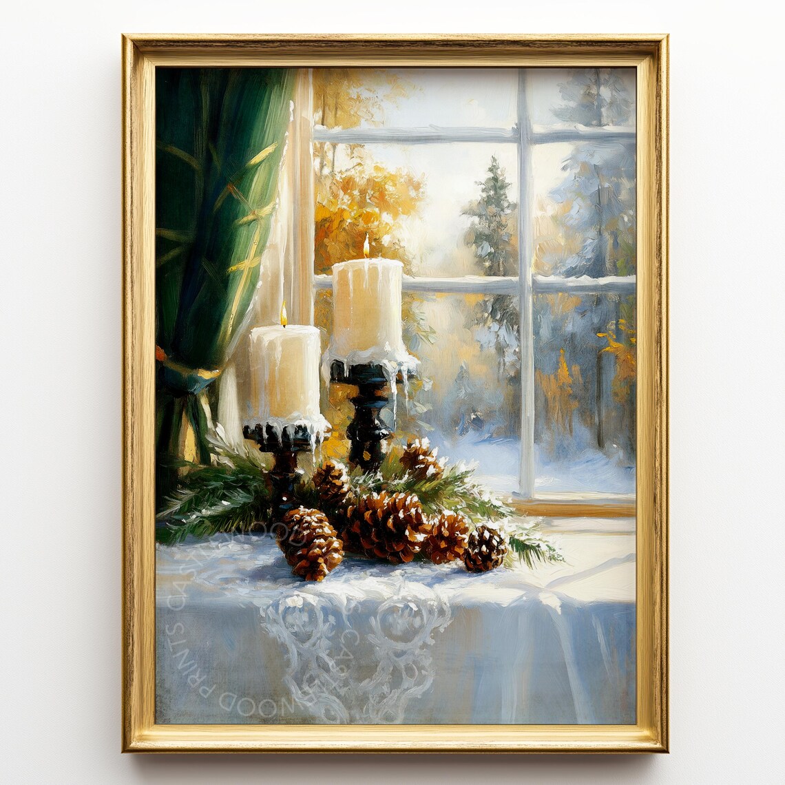 Winter Candlelight Frosted Window Pinecones Cozy Christmas Fine Art Poster