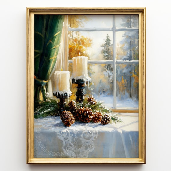 Winter Candlelight Frosted Window Pinecones Cozy Christmas Fine Art Poster