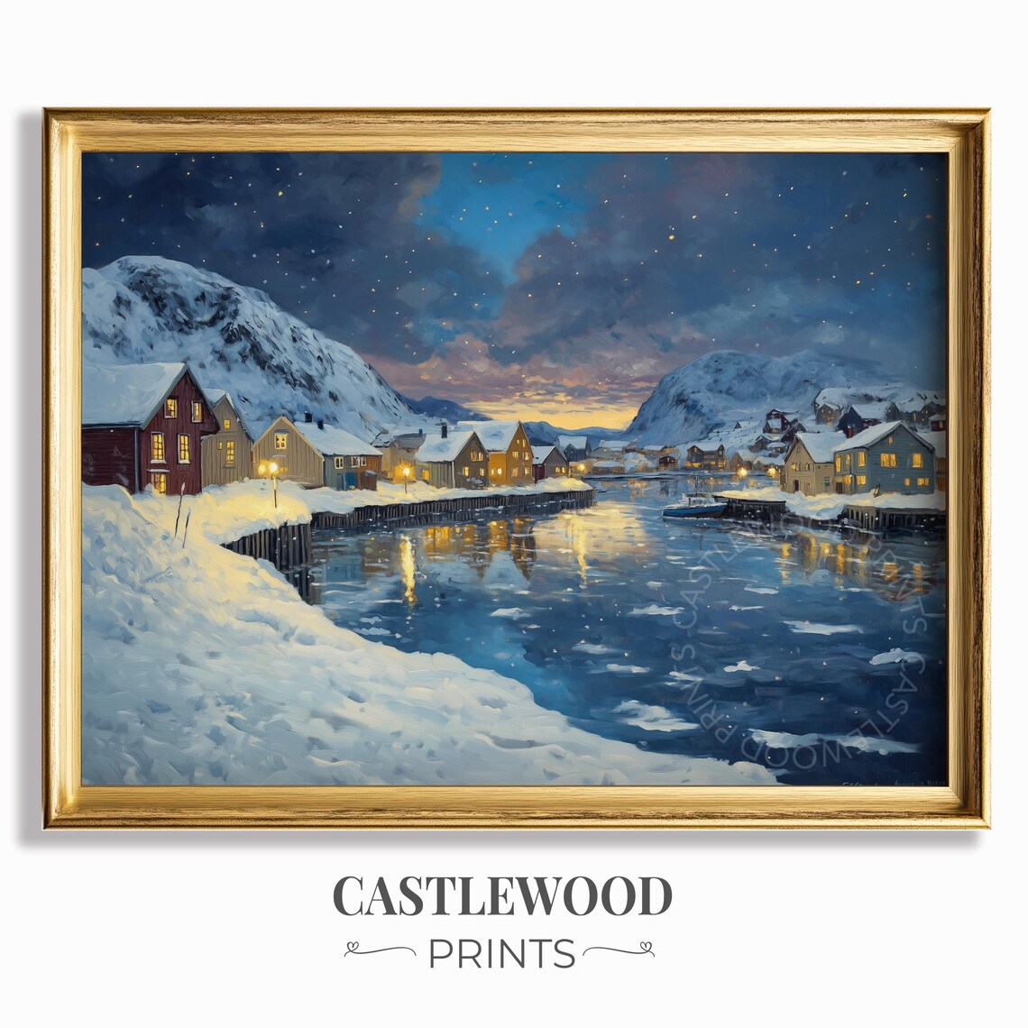Snowy Fishing Village Harbor At Night Under Starry Fjord Sky Poster