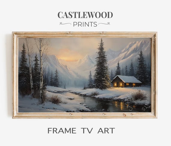 Rustic Winter Cabin Scene Frame Tv Art Snowy Mountain Landscape Cozy Cottage Ambiance Nature Inspired Wall Decor 61