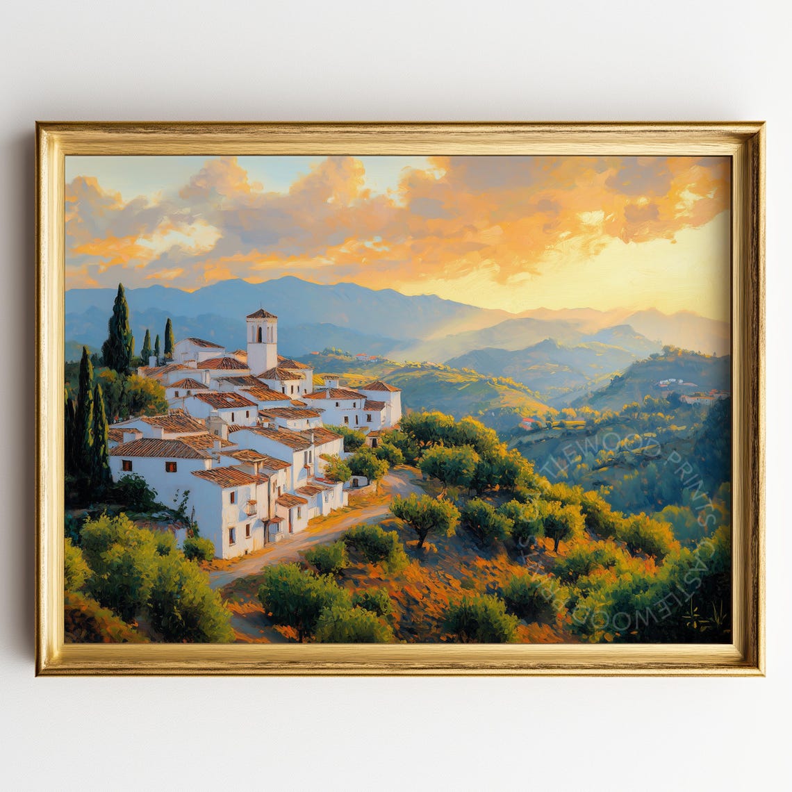 Andalusian Whitewashed Village at Sunset Mountain View Poster