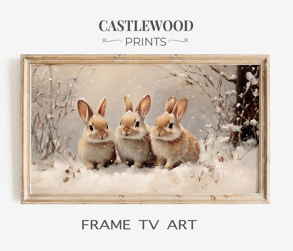Rustic Winter Snowy Forest Frame Tv Art Adorable Rabbit Trio Portrait Farmhouse Animal Decor Samsung 79