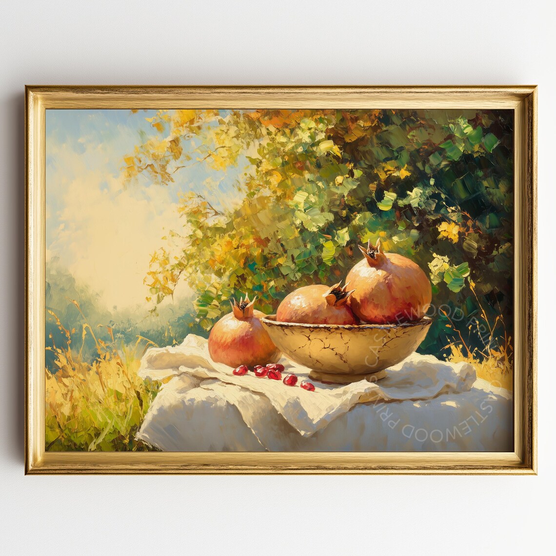 Sunlit Pomegranates in a Ceramic Bowl Vintage Oil Painting Poster