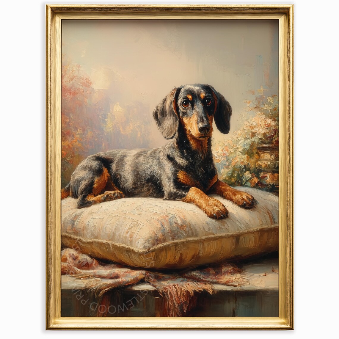 Dachshund Resting On Pillow Vintage Painterly Dog Portrait Poster