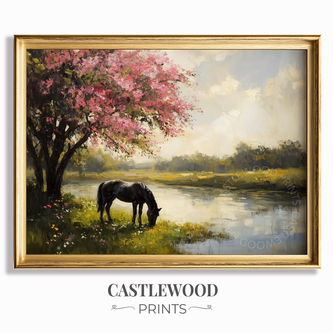 Dark Horse Drinking At Lake Under Pink Blossom Tree Art Poster