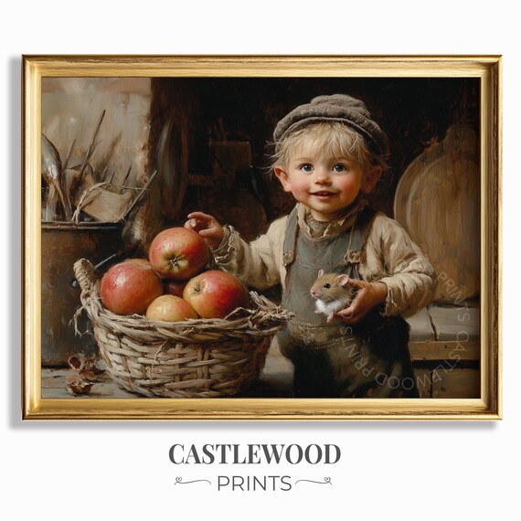 Vintage Boy With Apple Basket And Mouse Rustic Farmhouse Kitchen Art Print