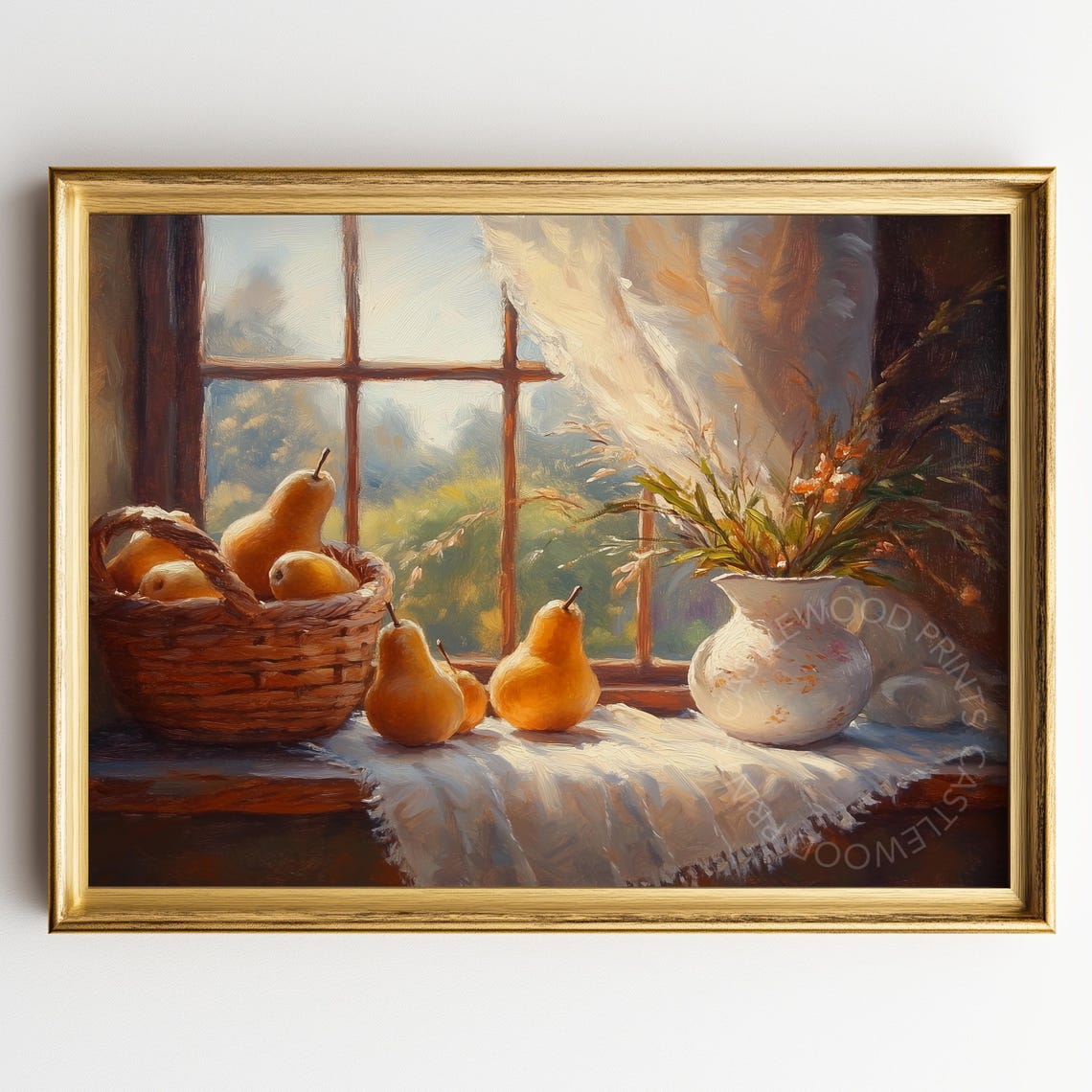 Basket of Ripe Pears on a Sunny Windowsill Oil Painting Poster