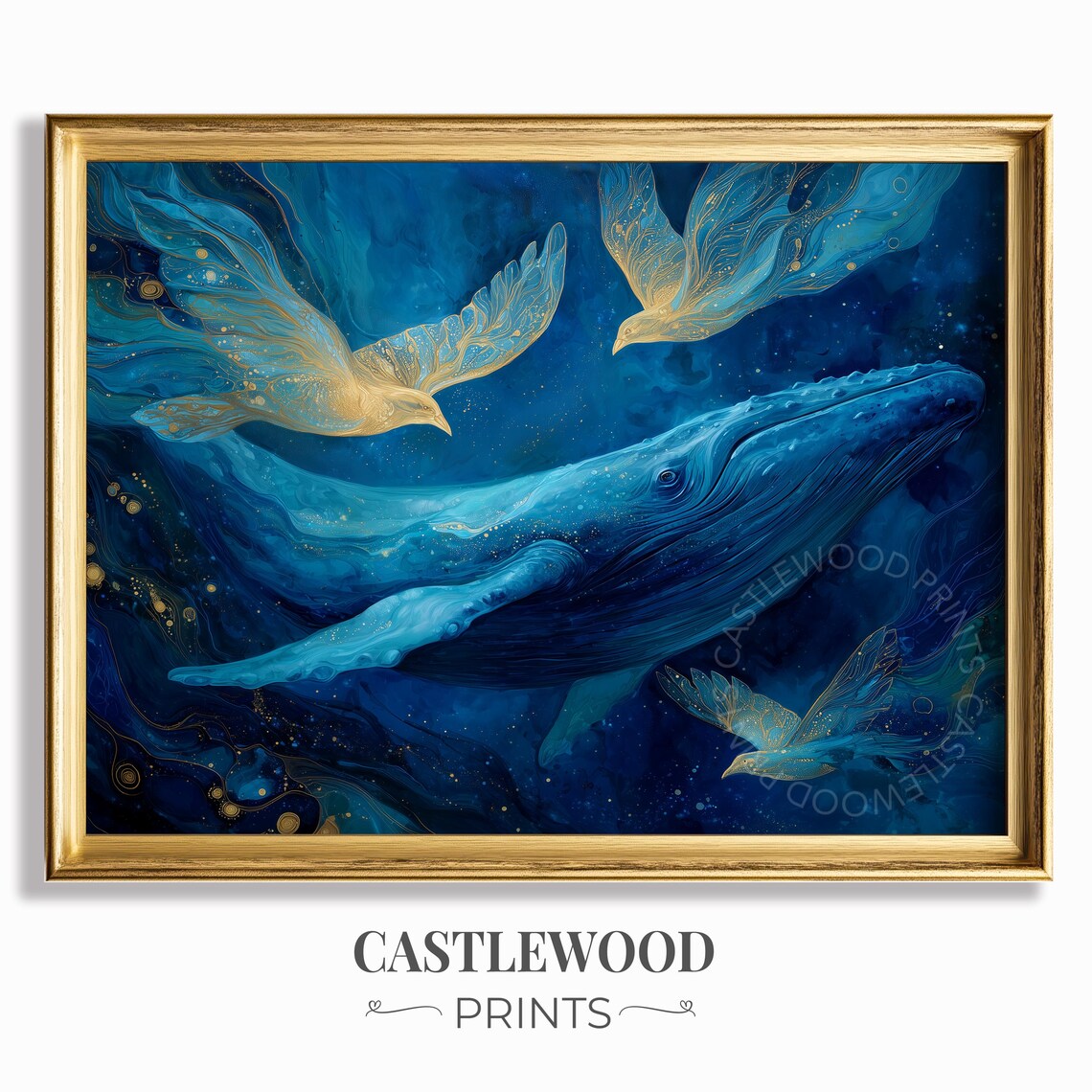 Blue Whale With Golden Birds Deep Ocean Fantasy Painting Art Poster