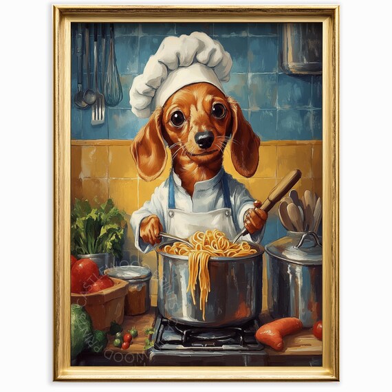 Whimsical Chef Dog Painting Cute Dachshund Cooking Art Rustic Kitchen Decor Playful Canine Wall Animal Print 196
