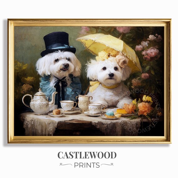 Vintage Dog Tea Party Portrait Cute Canine Art Print Soft Brush Oil Painting Charming Victorian Style Decor Wall 430