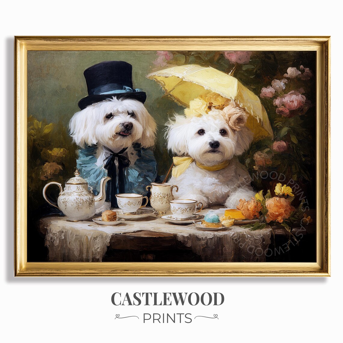 Vintage White Dogs Victorian Tea Party Garden Portrait Fine Art Poster
