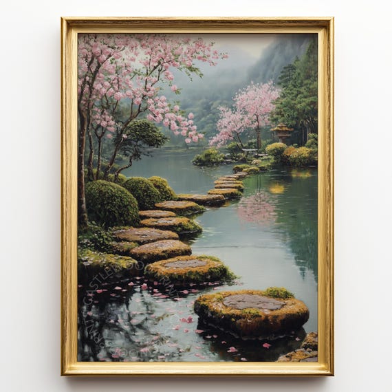 Zen Garden In Early Bloom Spring Landscape Art Tranquil Japanese Water Scene Rustic Decor 518