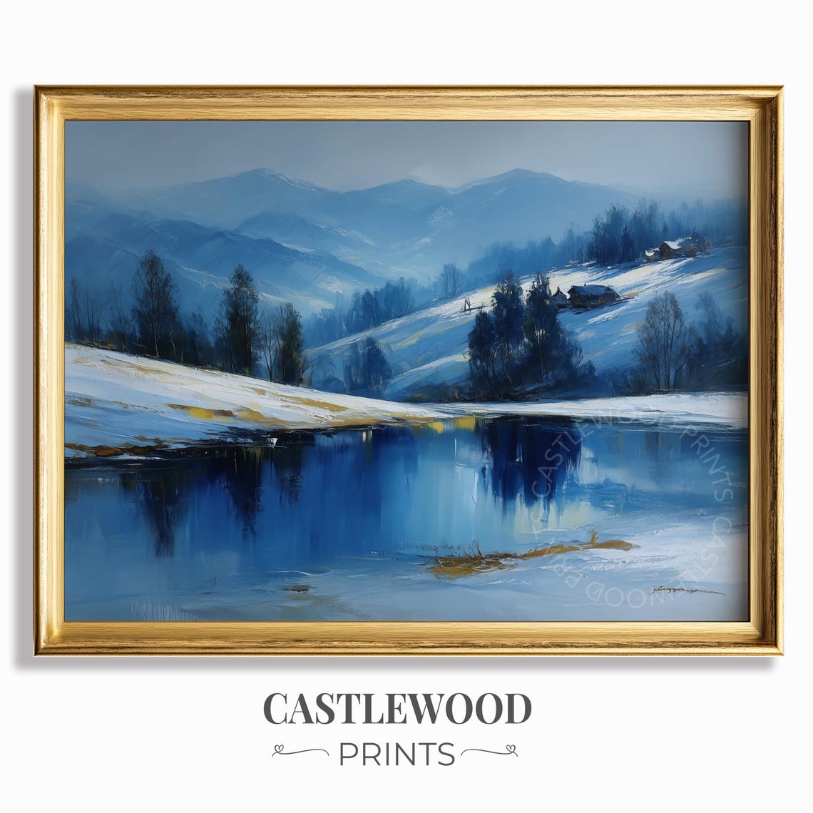 Winter Snowy Mountain Cabin Lake Reflection Blue Oil Painting Print