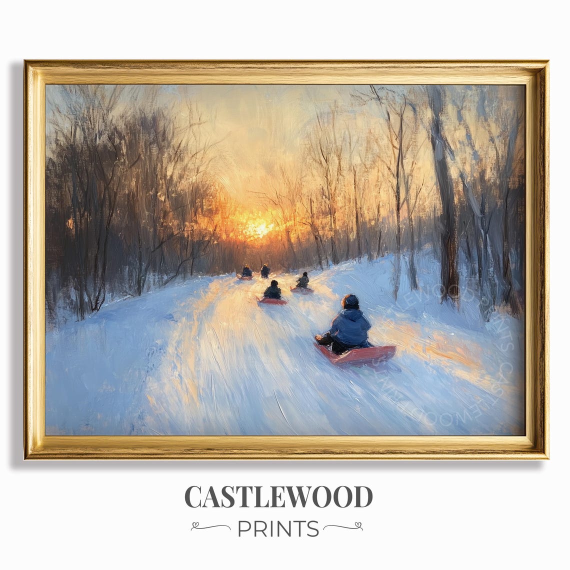 Children Sledding at Sunset Down a Snowy Forest Trail Poster