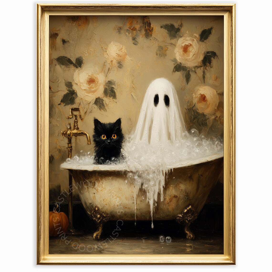 Halloween Black Cat and Ghost in Bathtub Poster Vintage Spooky Art