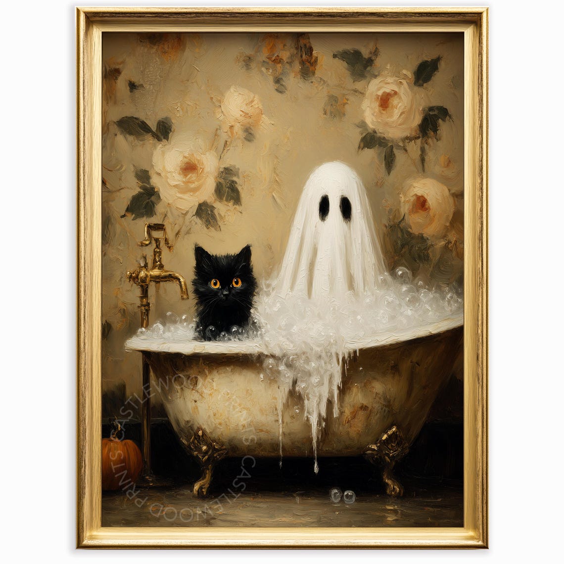 Vintage Halloween And Black Cat In Bathtub Cute Spooky Wall Art Rustic Autumn Decor Painting For Fall 850