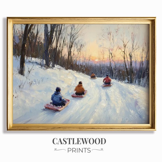 Winter Sunset Sledding Children On Snowy Hill Scenic Art Rustic Wall Decor Vintage Oil Painting Holiday Print 682