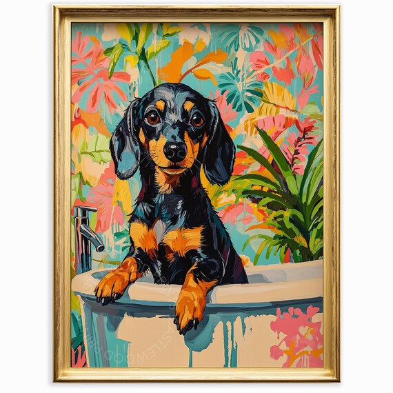 Cute Black Dachshund In Bathtub Colorful Animal Painting Playful Pet Wall Art Acrylic Brushstrokes Spring Decor 840