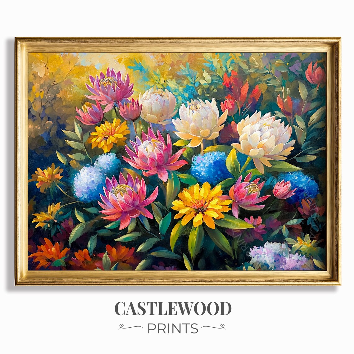 Elegant White Lotus And Golden Yellow Floral Garden Gouache Poster