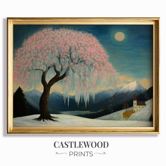 Winter Night With Frosted Blossoming Tree Rustic Landscape Moonlit Scene Art Snowy Mountain Decor Cottage Wall 666