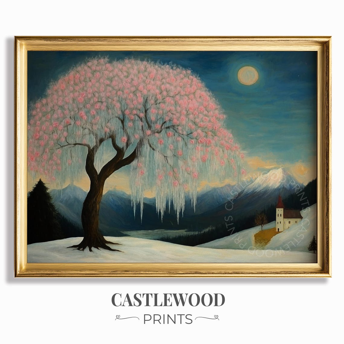 Moonlit Blossoming Tree Icicles Snow Chapel Winter Night Poster