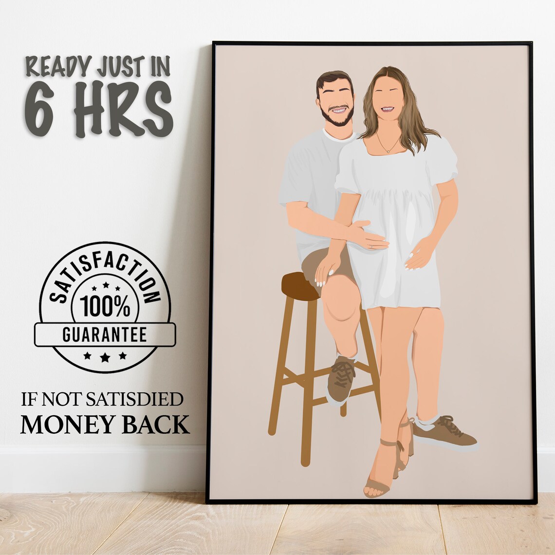 Custom Maternity Couple Portrait Pregnant Mother Illustration Poster