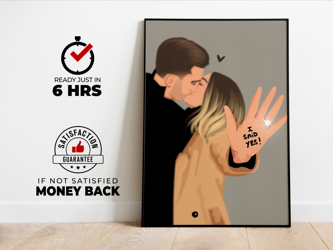 Custom I SAID YES Engagement Kiss Portrait With Ring Display Poster