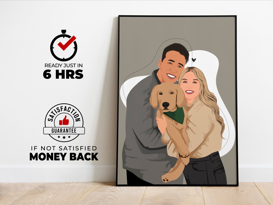 Custom Family Portrait With Pets, Personalized Art