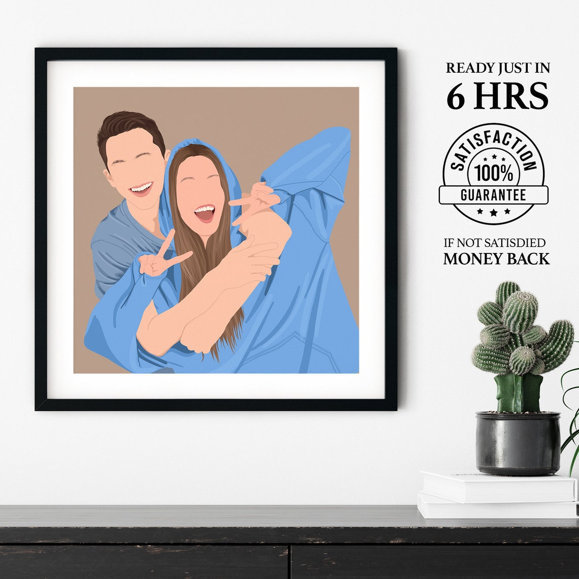 Laughing Couple Wrapped in Blue Hoodie Flat Illustration Poster