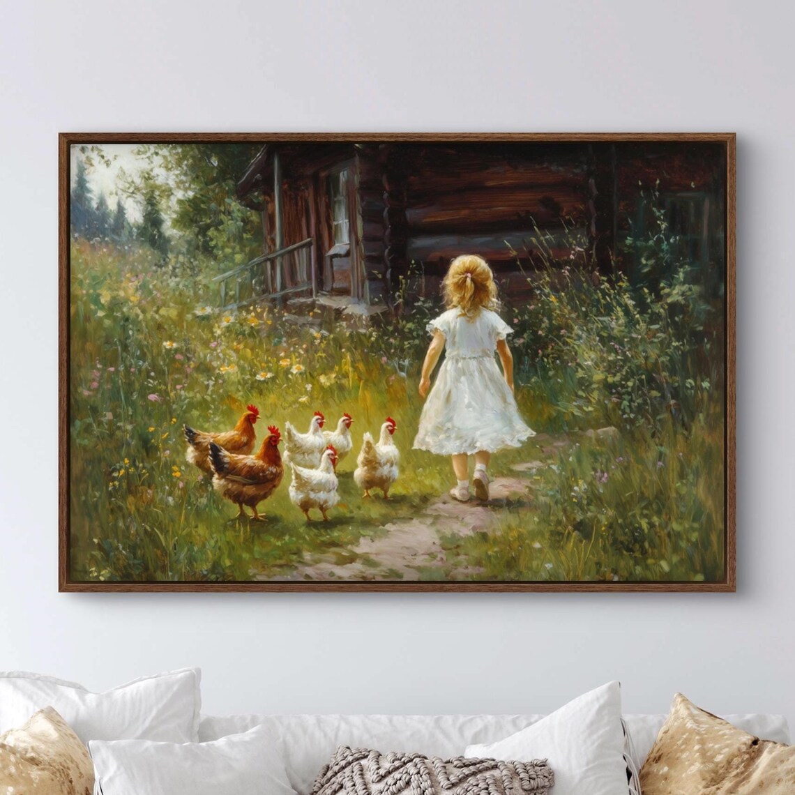 Rustic Farmhouse Girl Chickens Country Cabin Cottagecore Poster