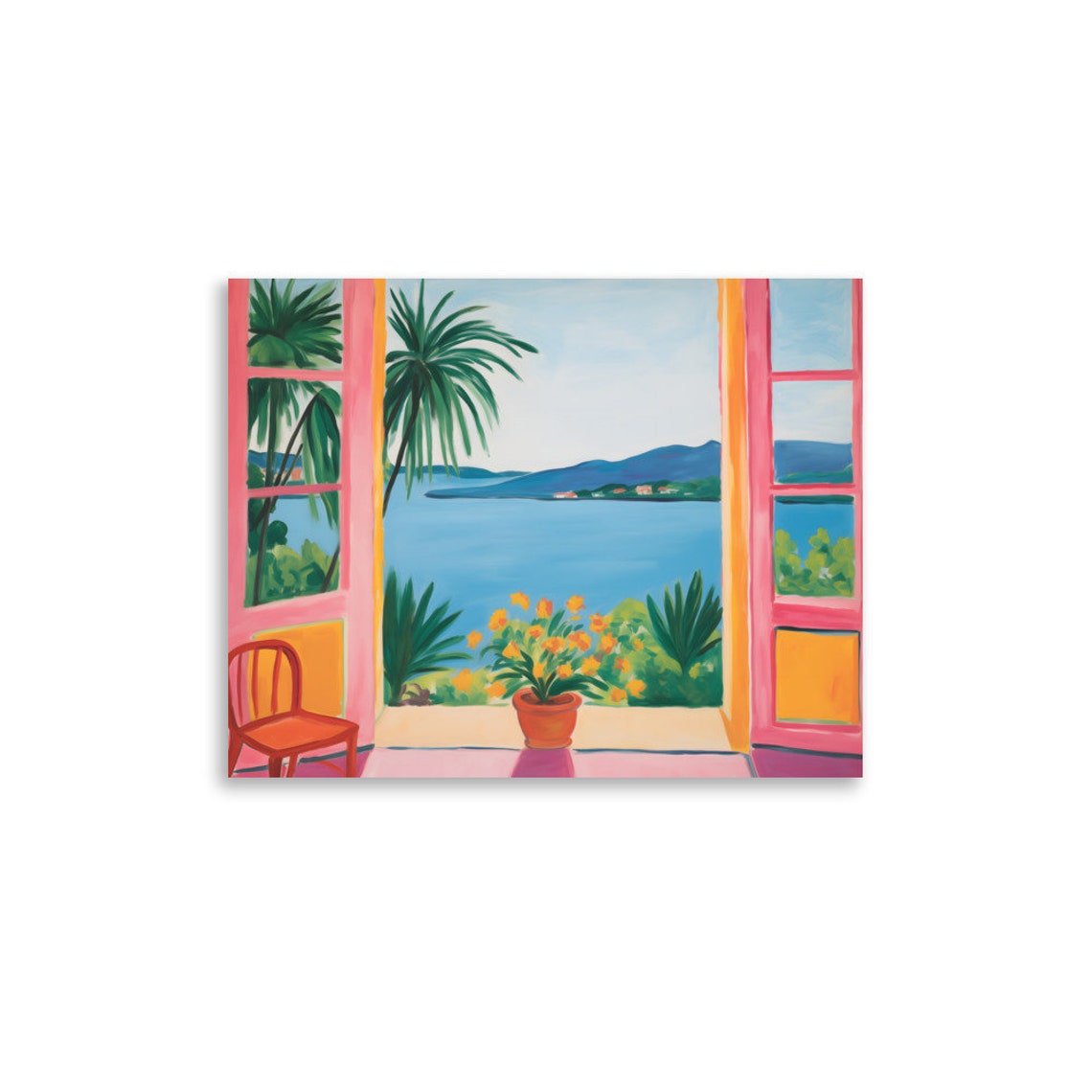 Henri Matisse Style Pink Window Palm Trees Blue Bay View Poster - Image 2