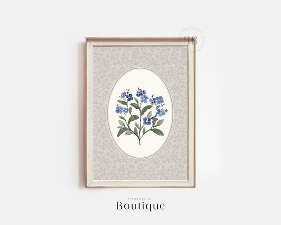 Forgetmenot Botanical Print Blue Floral Wall Art Watercolor Flower Illustration Vintage Style Cottage Decor No696