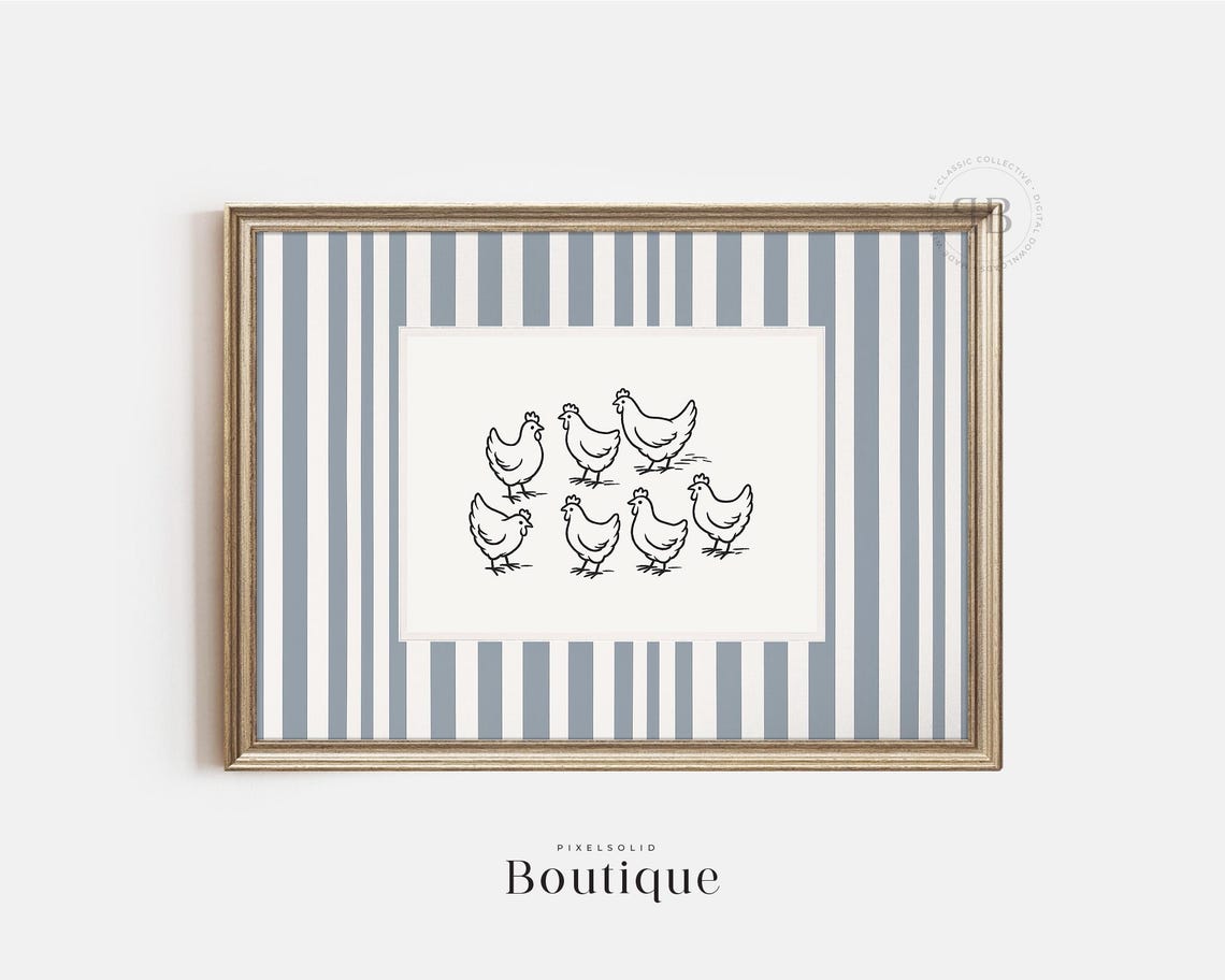 Seven Chicken Line Drawings on Striped Mat Farmhouse Art Print
