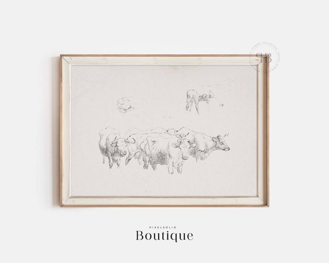 Vintage Cow Pencil Sketch Farm Animals Rustic Drawing Poster