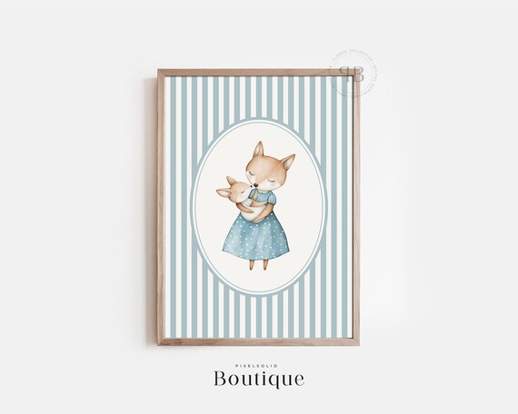 Mother Baby Fox Nursery Blue Striped Watercolor Decor Wall Art