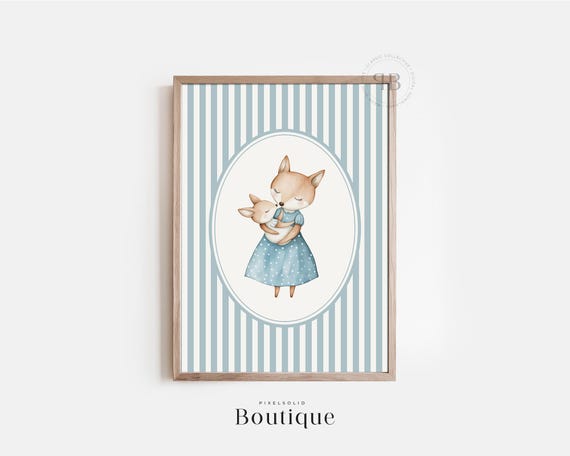 Mother Baby Fox Nursery Print Boys Watercolor Wall Art Shower Gift Soft Blue Pastel Decor No660