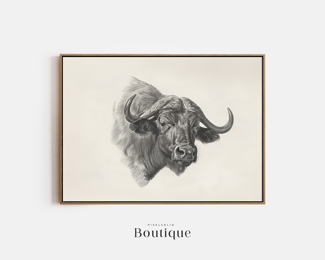 Water Buffalo Head Sketch Neutral Minimalist Wildlife Wall Art