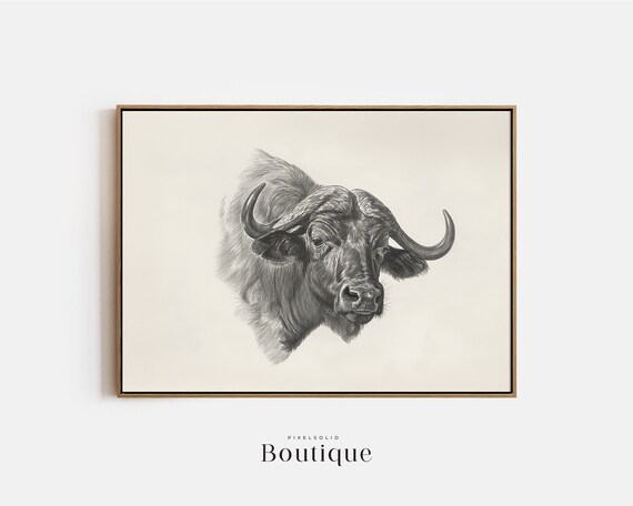 Water Buffalo Sketch Neutral Animal Illustration Print Rustic Farmhouse Wall Decor Drawing Minimalist No382