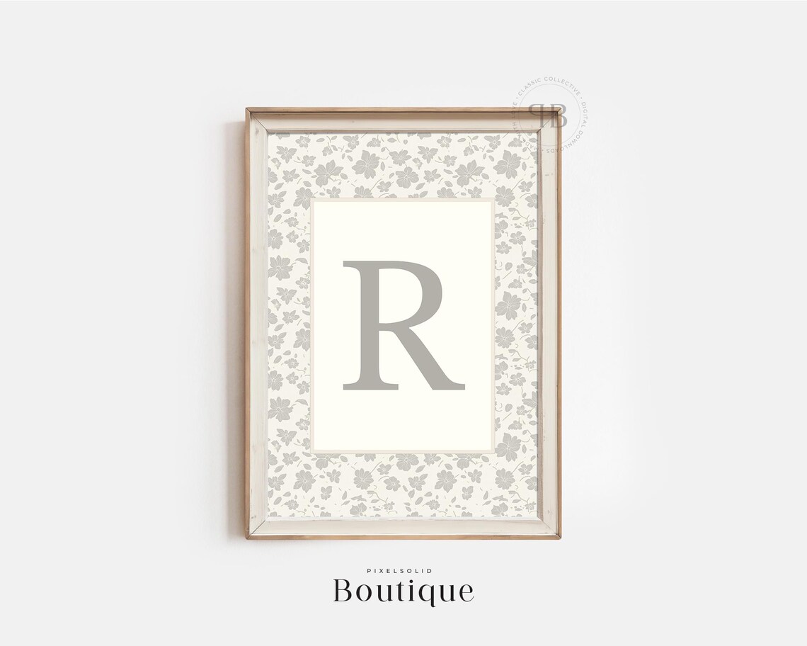Elegant Floral Monogram Letter R Print New Baby Gift Design Initial Decor Nursery Art No498