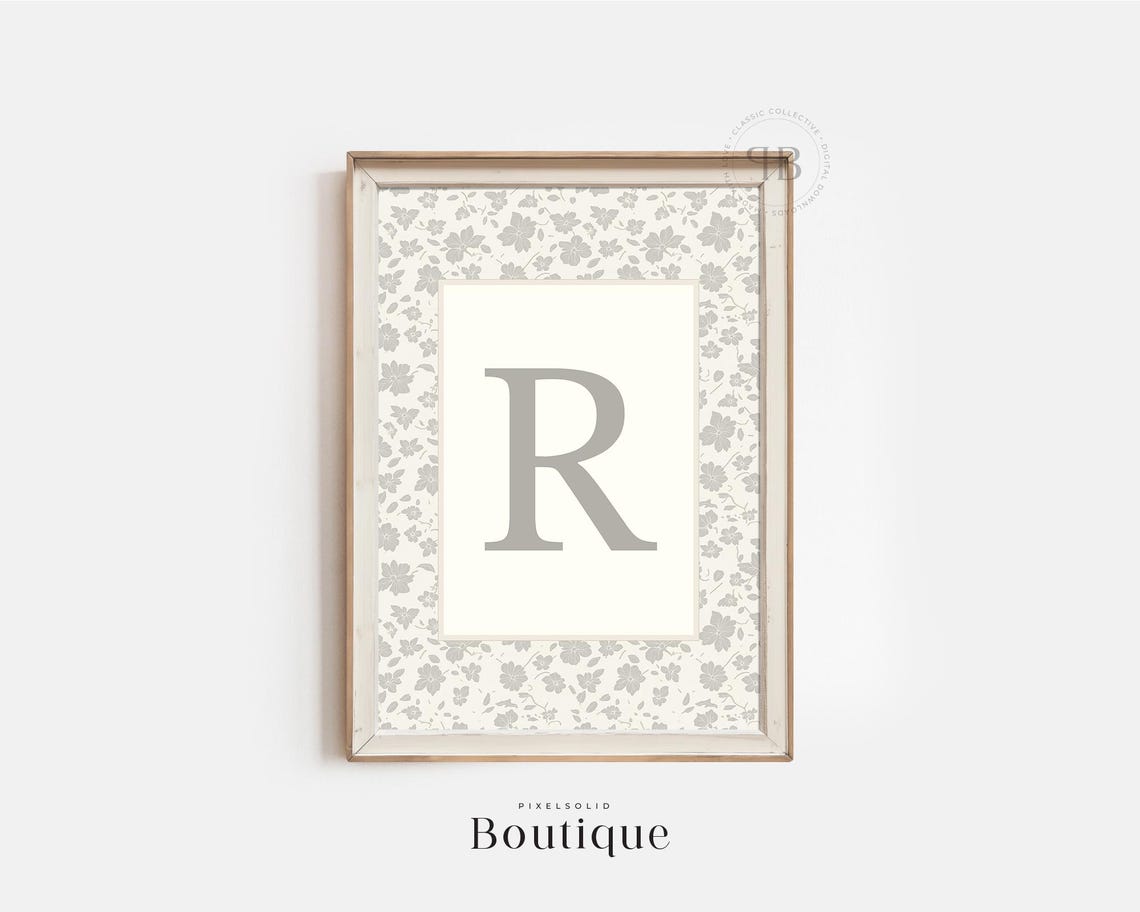 Elegant Gray Floral Monogram Letter R Initial Nursery Art Print