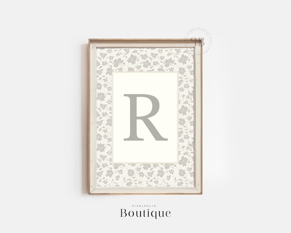 Elegant Gray Floral Monogram Letter R Initial Nursery Art Print