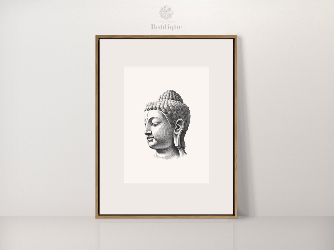 Timeless Buddha Head Antique Etching Black White Minimalist Poster