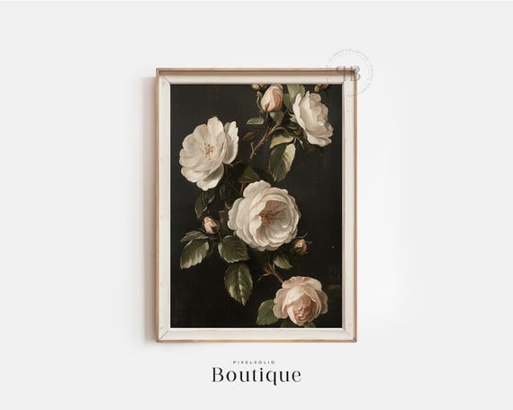 White Rose Wall Art Dark Botanical Floral Print Vintage Style Flower Painting Poster No589
