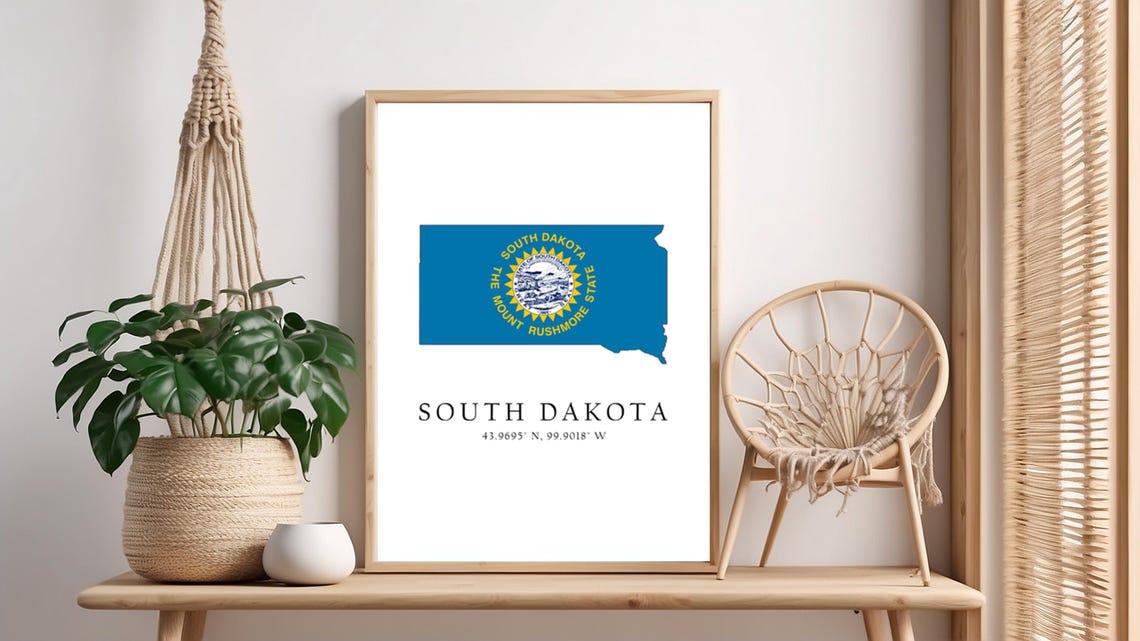 South Dakota Map Print Flag Latitude Longitude Coordinates Poster Wall Art Home Dcor