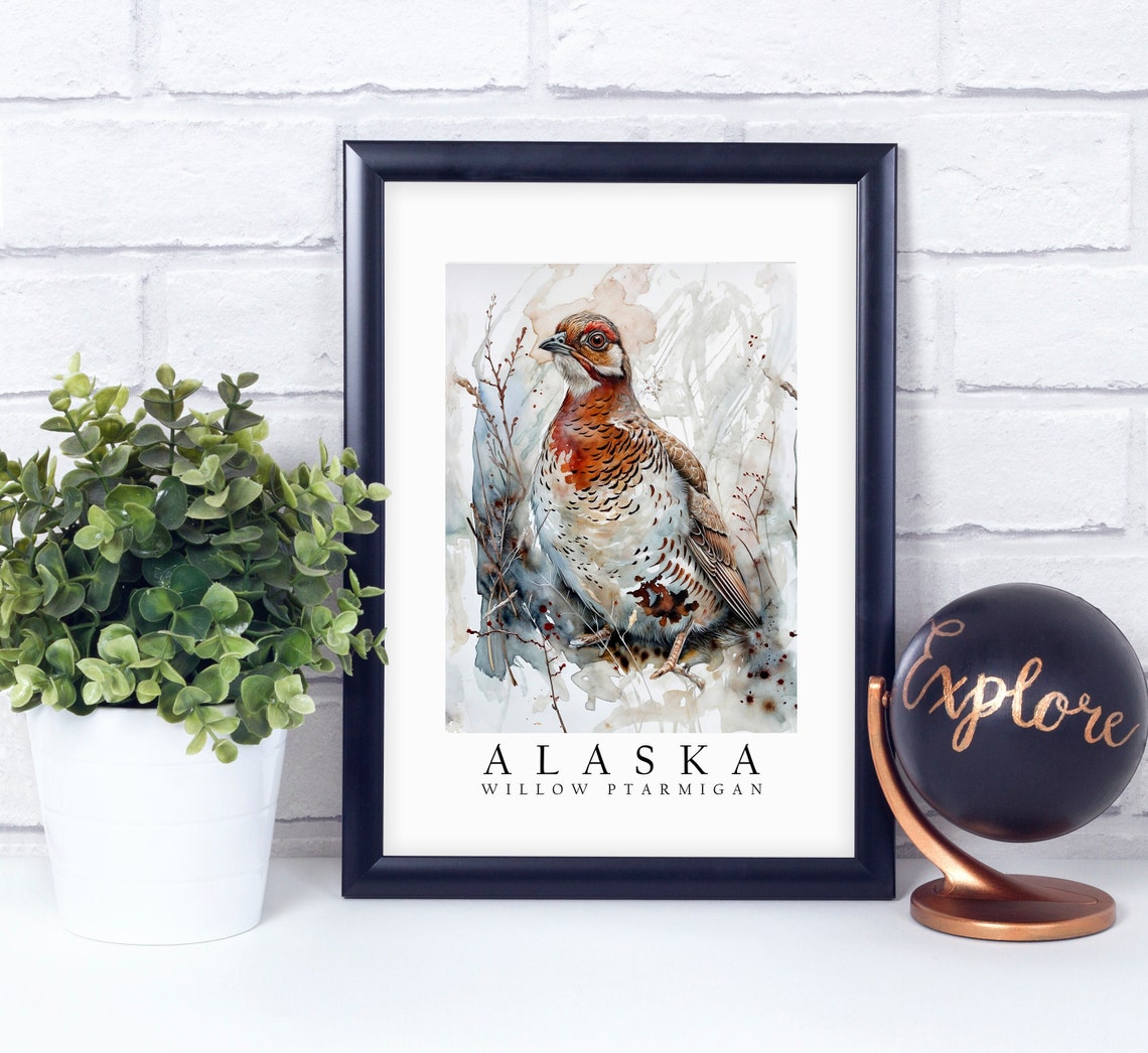 Willow Ptarmigan Alaska State Bird Watercolor Portrait Poster