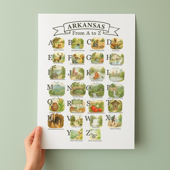 Arkansas From A to Z Watercolor Illustrated Alphabet Travel Poster