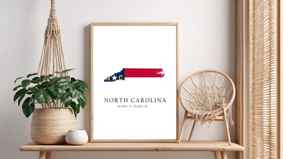 North Carolina Map Print Flag Latitude Longitude Coordinates Poster Wall Art Home Dcor