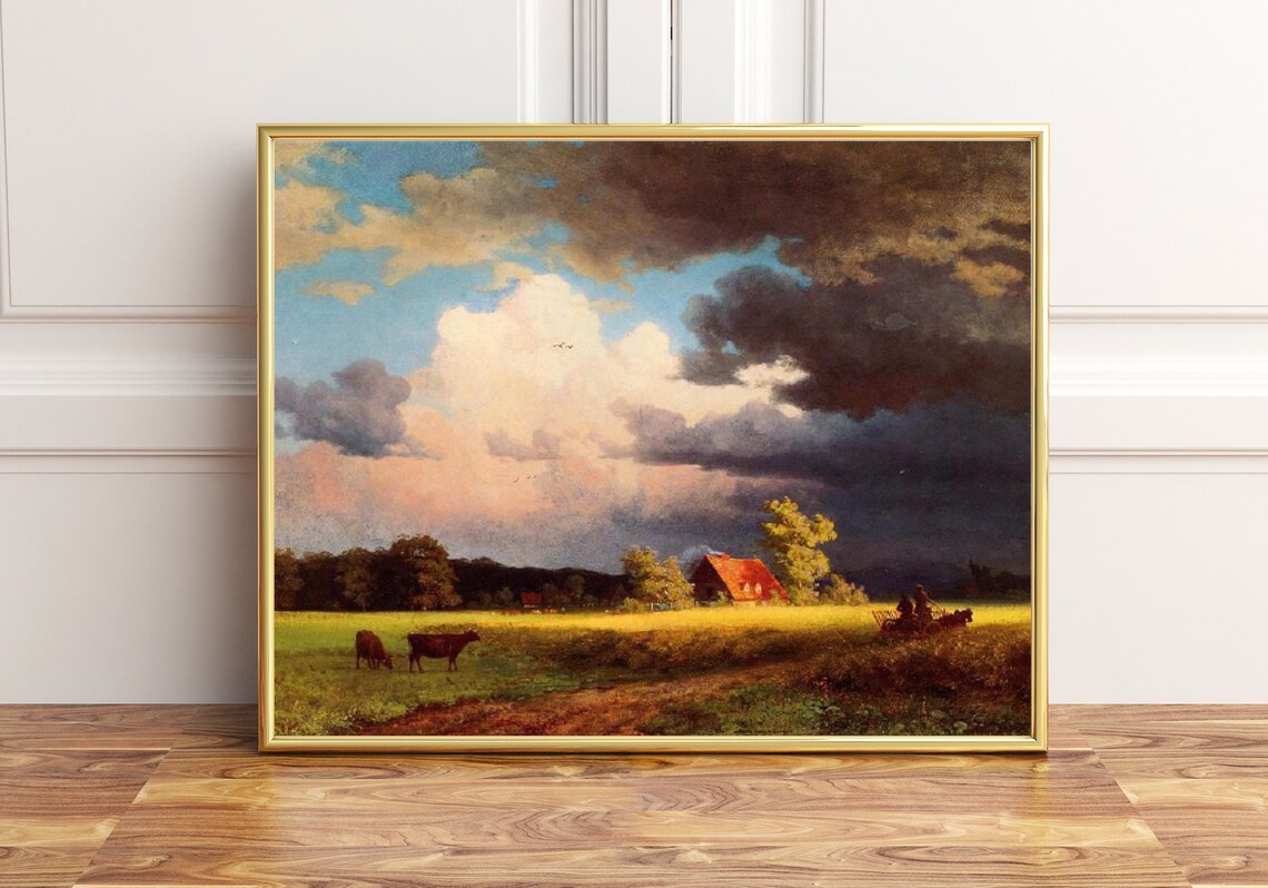 Bavarian Countryside Landscape Painting Farm Storm Sky Wall Art