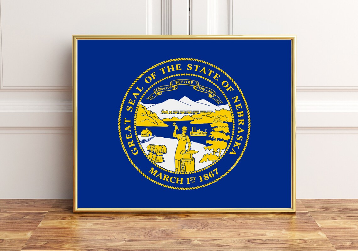 Nebraska State Flag Seal Blue and Gold Vintage Style Wall Print
